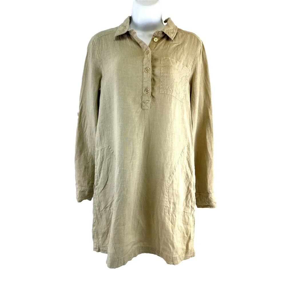 Michael Stars Eleanor Utility Shirt‎ Dress Linen Roll Tab Sleeves Natural Tan XS